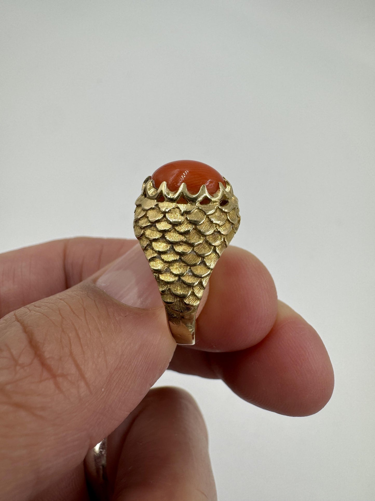 18k Yellow Gold Red Coral Scaled Finish Ring