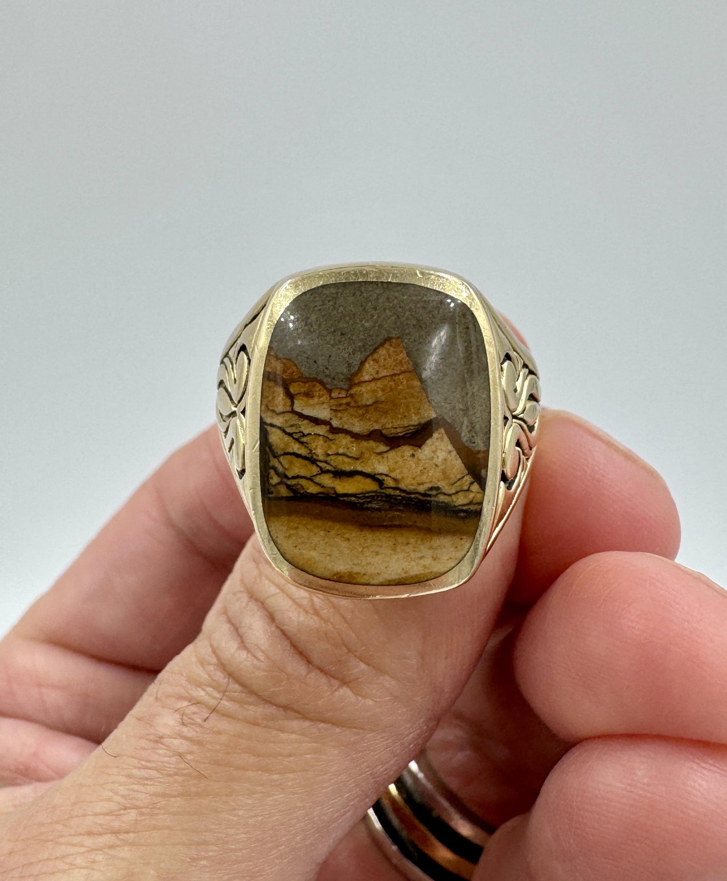 Vintage 14k yellow Gold Picture Agate Men's ring