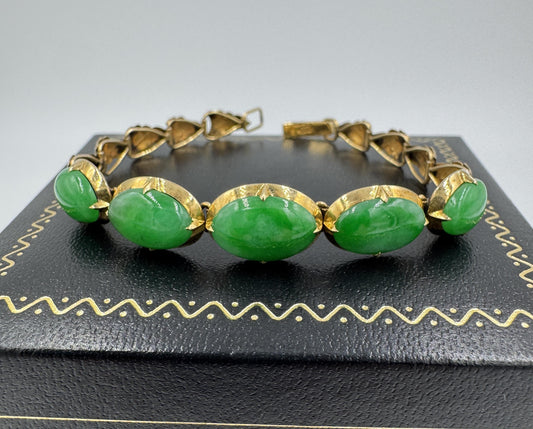 Art Deco 14k Gold Untreated Green Jade Bracelet 6"