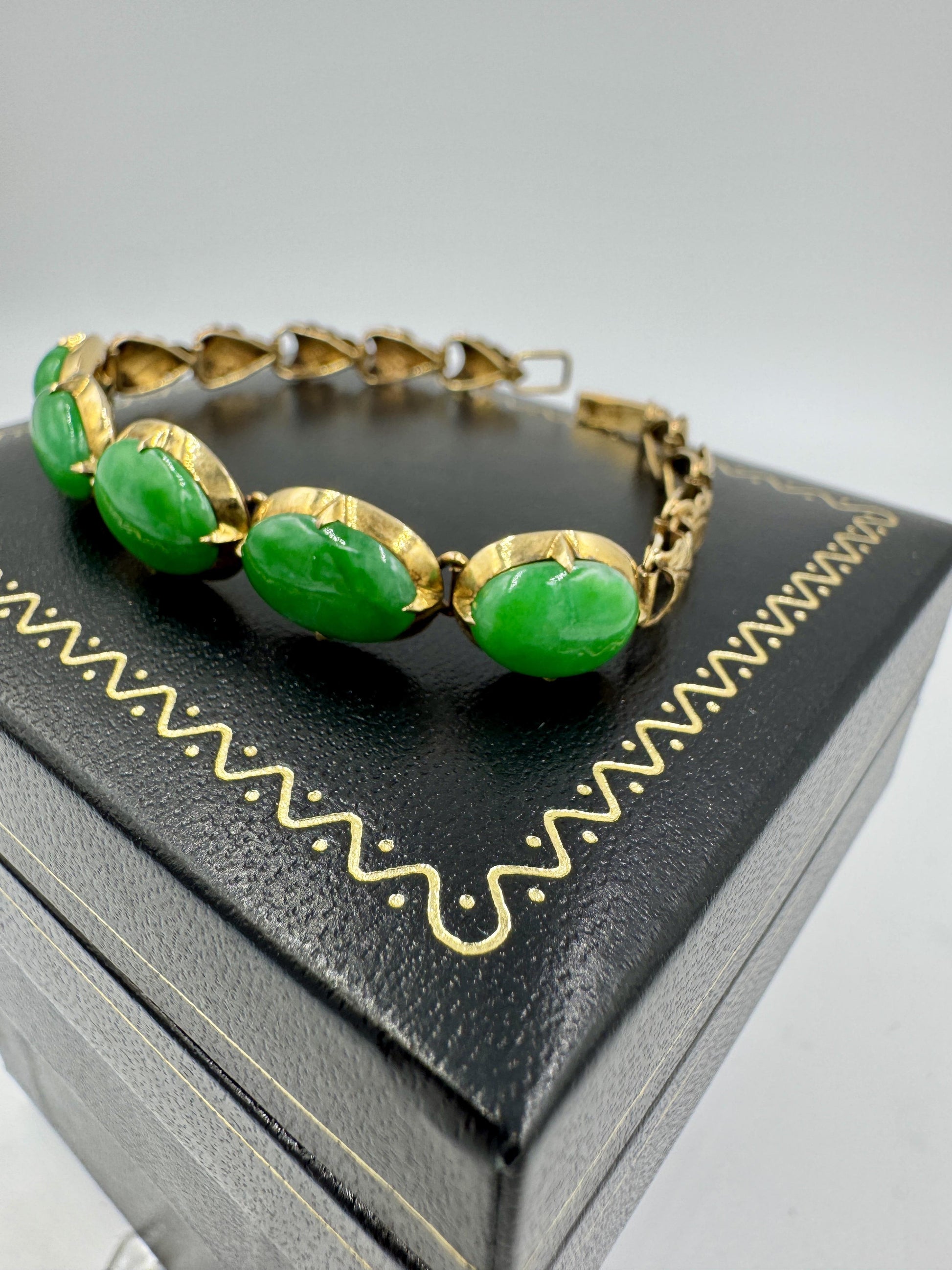 Art Deco 14k Gold Untreated Green Jade Bracelet 6"