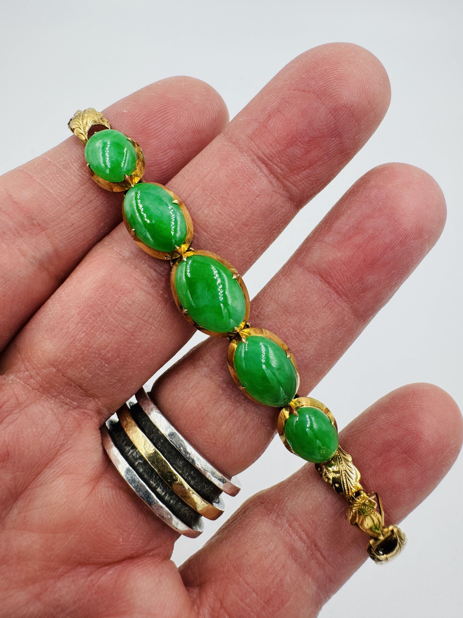 Art Deco 14k Gold Untreated Green Jade Bracelet 6"