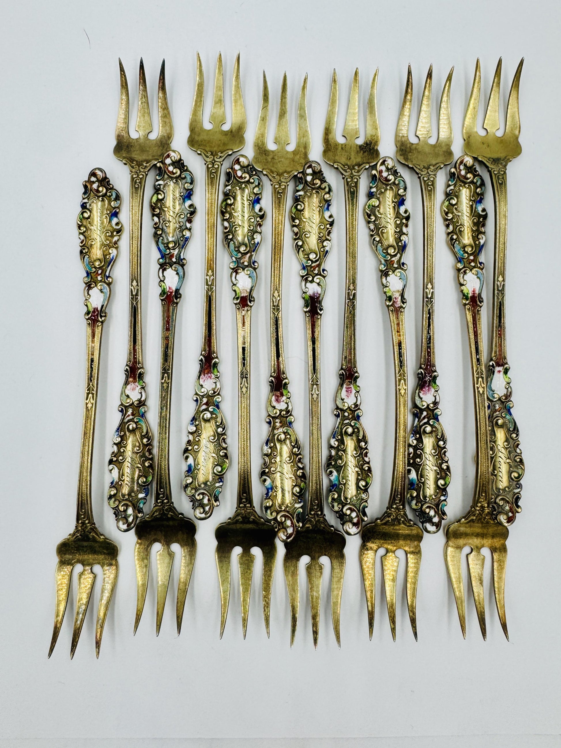 12 Gorham Sterling Silver Luxembourg Enamel Cocktail Seafood Forks