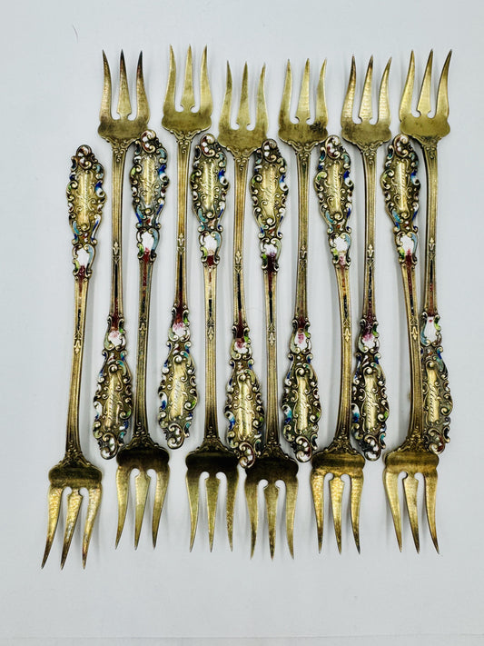 12 Gorham Sterling Silver Luxembourg Enamel Cocktail Seafood Forks