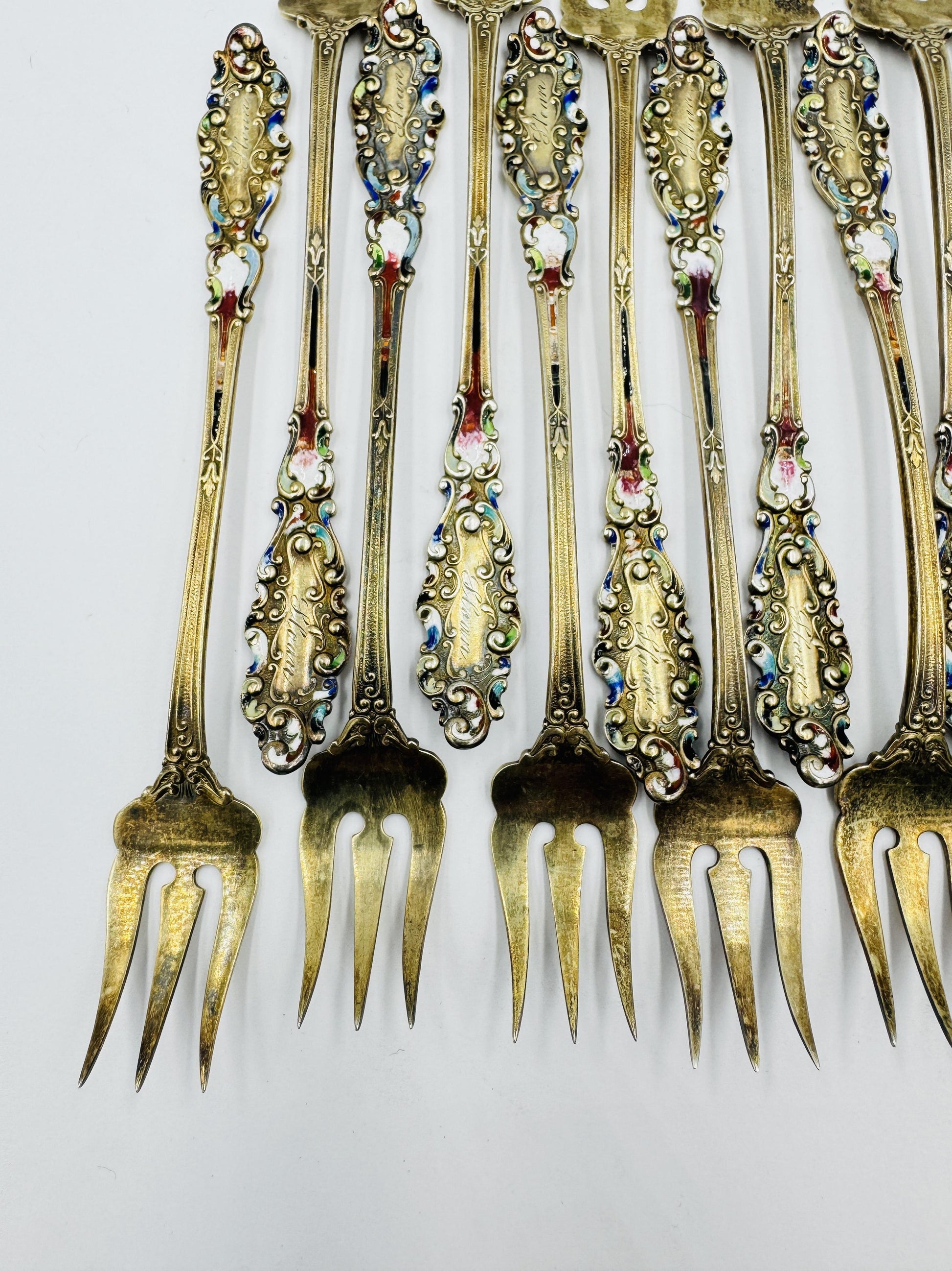 12 Gorham Sterling Silver Luxembourg Enamel Cocktail Seafood Forks