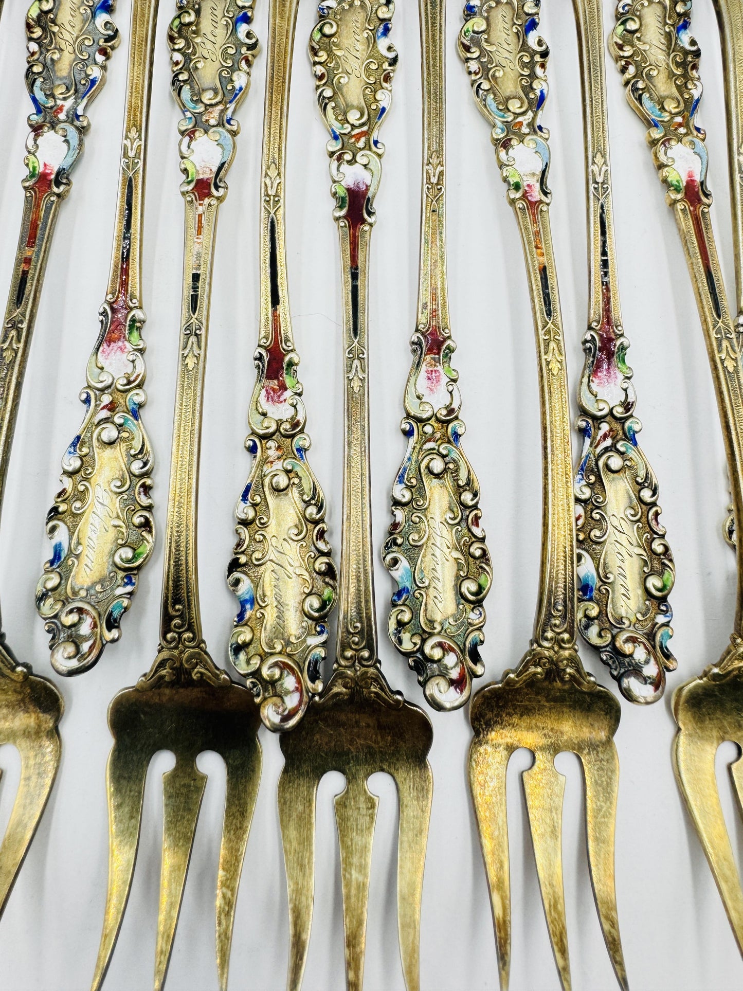 12 Gorham Sterling Silver Luxembourg Enamel Cocktail Seafood Forks