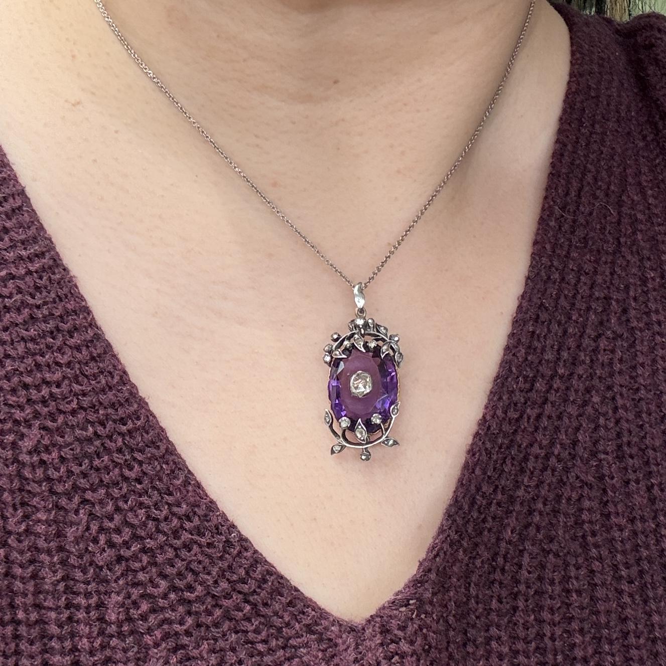 Victorian 1890 Amethyst and Rose Cut Diamond Pendant Necklace 14k/Silver