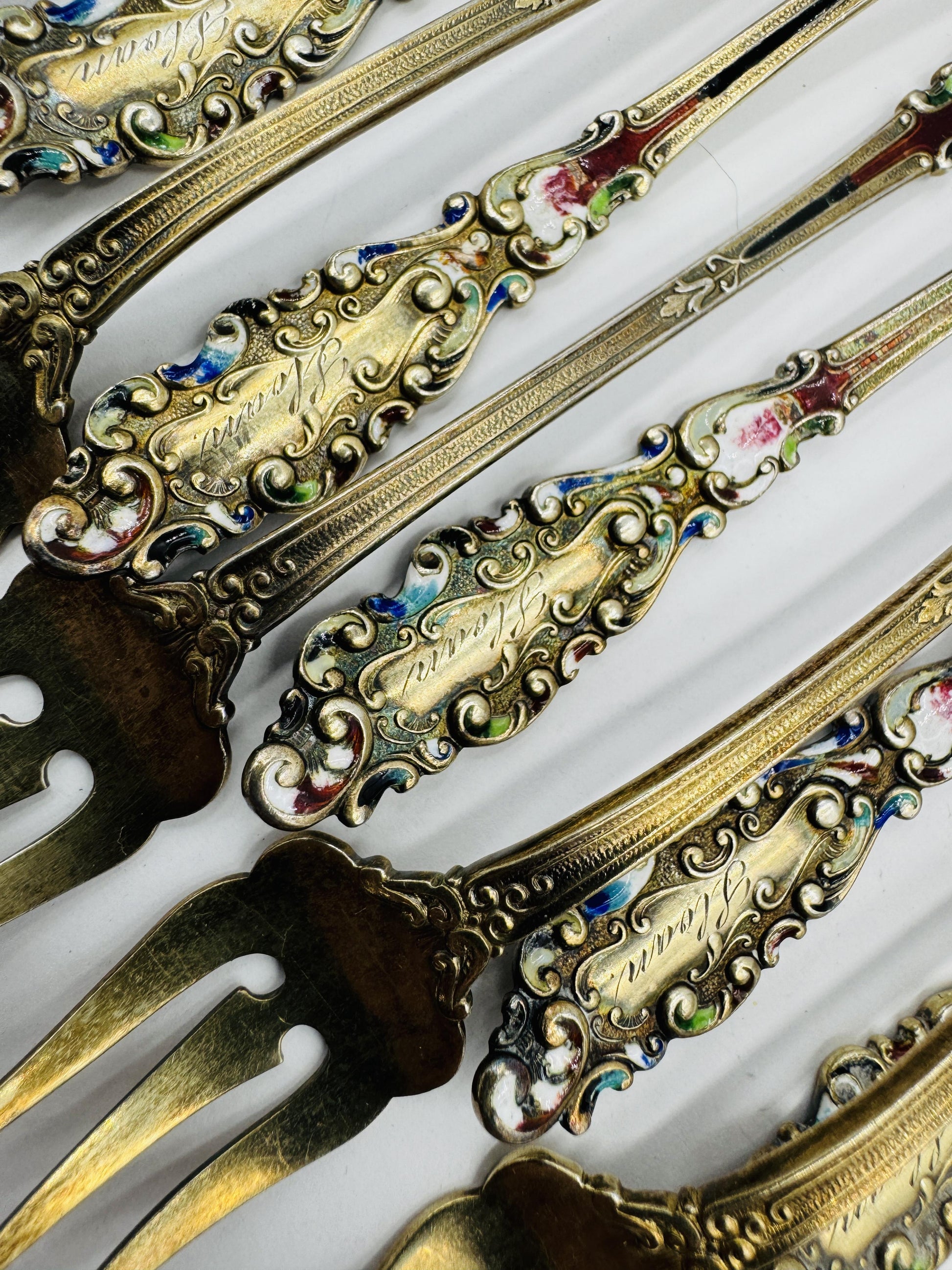 12 Gorham Sterling Silver Luxembourg Enamel Cocktail Seafood Forks