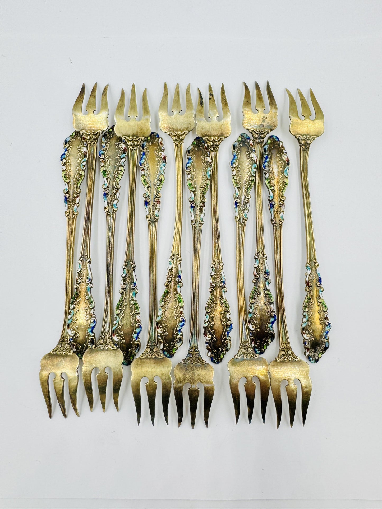 12 Gorham Sterling Silver Luxembourg Enamel Cocktail Seafood Forks