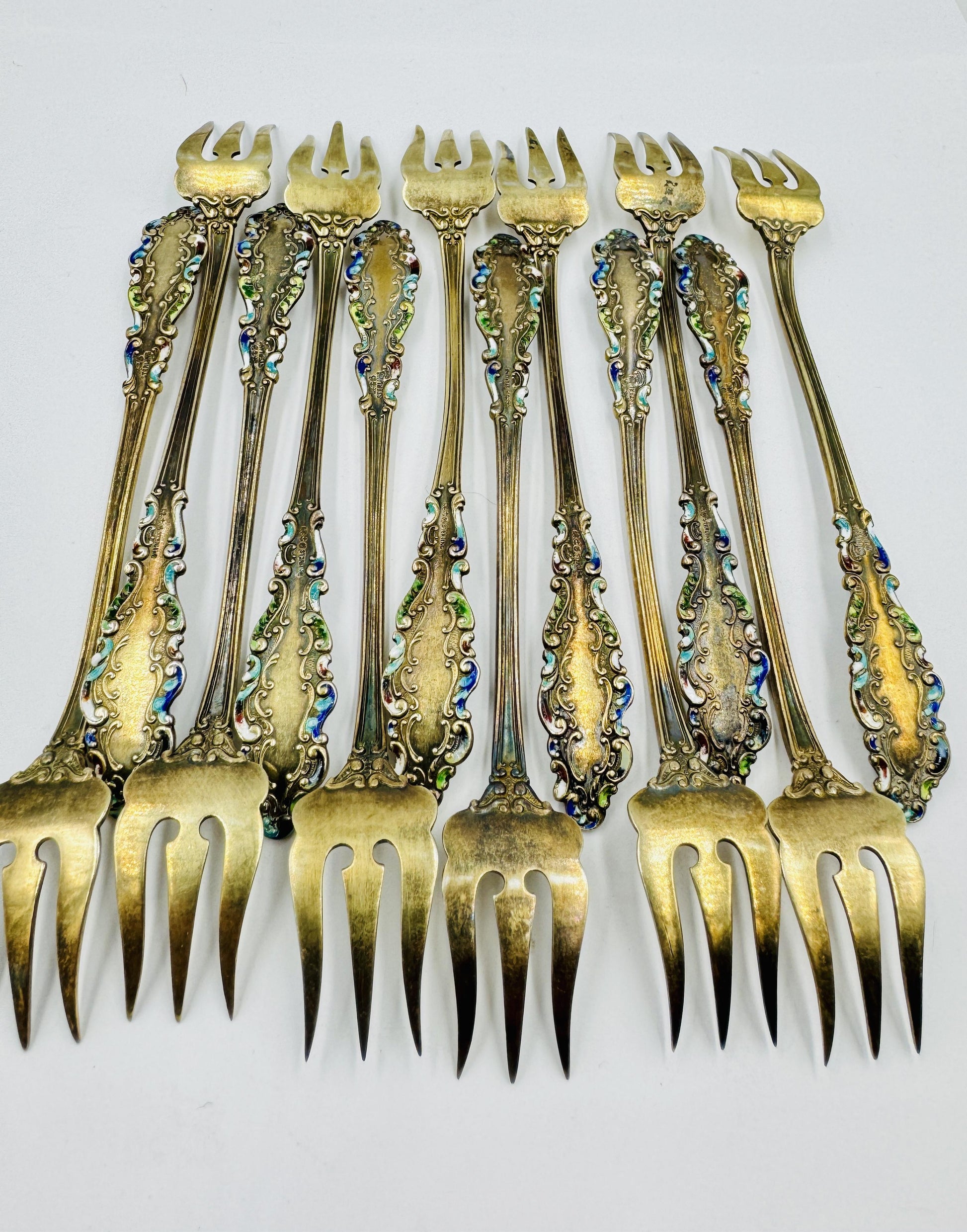 12 Gorham Sterling Silver Luxembourg Enamel Cocktail Seafood Forks