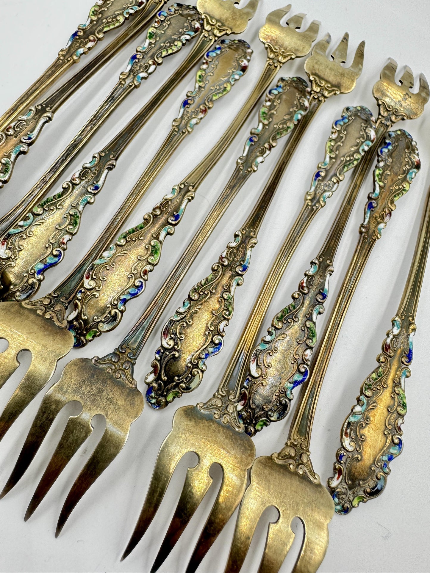 12 Gorham Sterling Silver Luxembourg Enamel Cocktail Seafood Forks