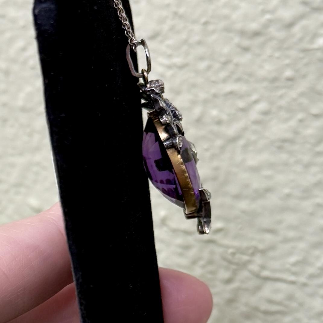 Victorian 1890 Amethyst and Rose Cut Diamond Pendant Necklace 14k/Silver