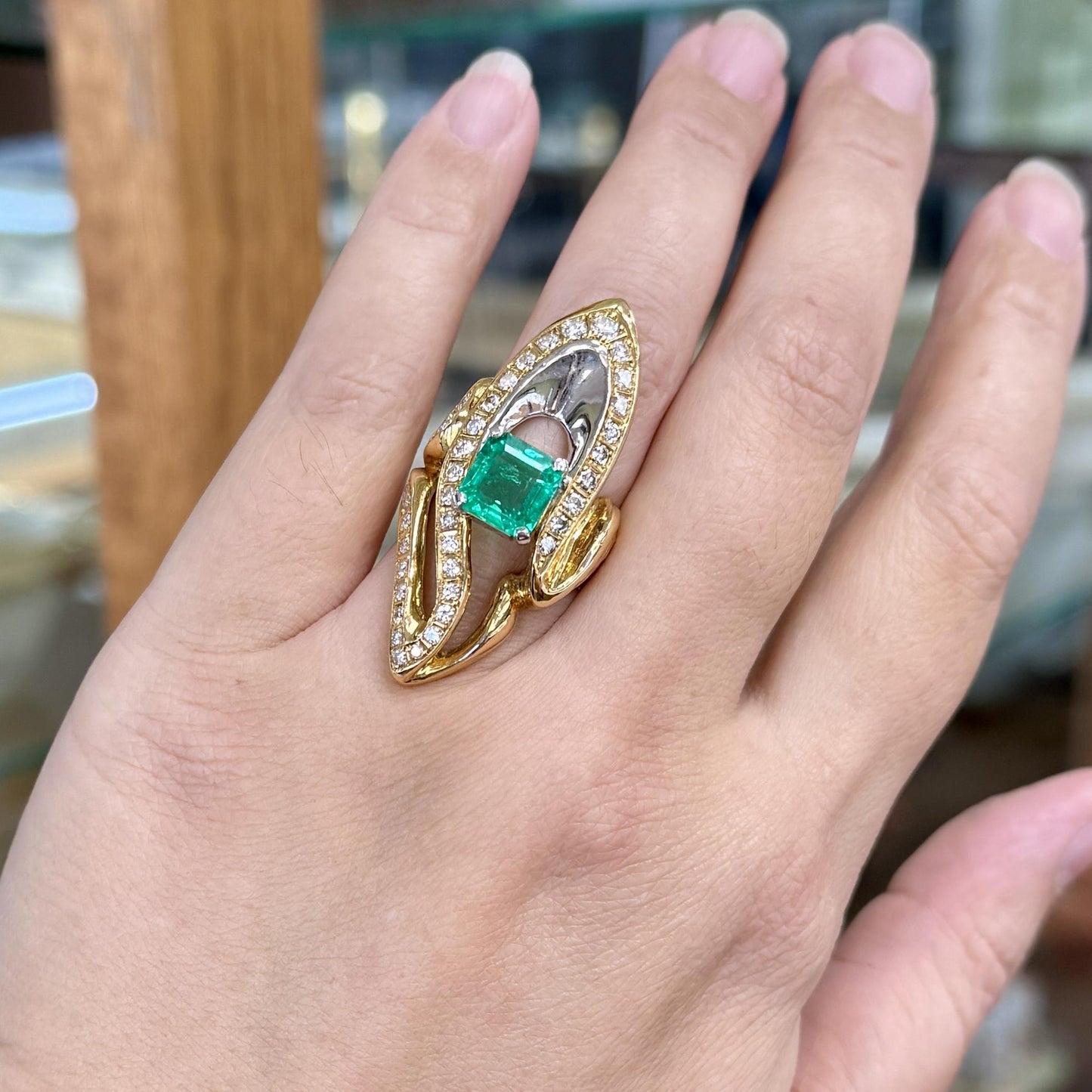 Columbian Emerald and Diamond Two Tone Cocktail Statement Ring 18k