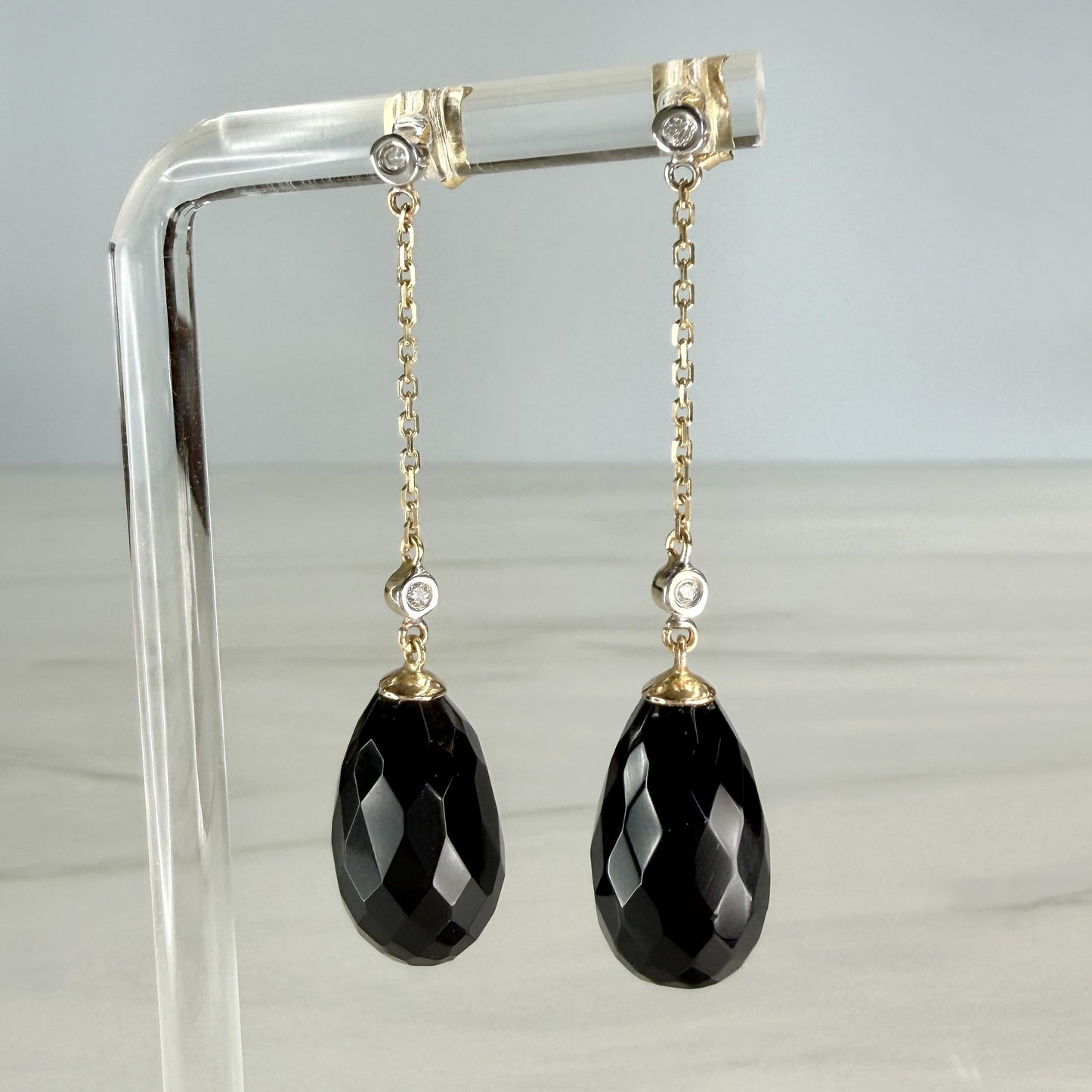 Onyx and Diamond Dangle Drop Earrings 14k