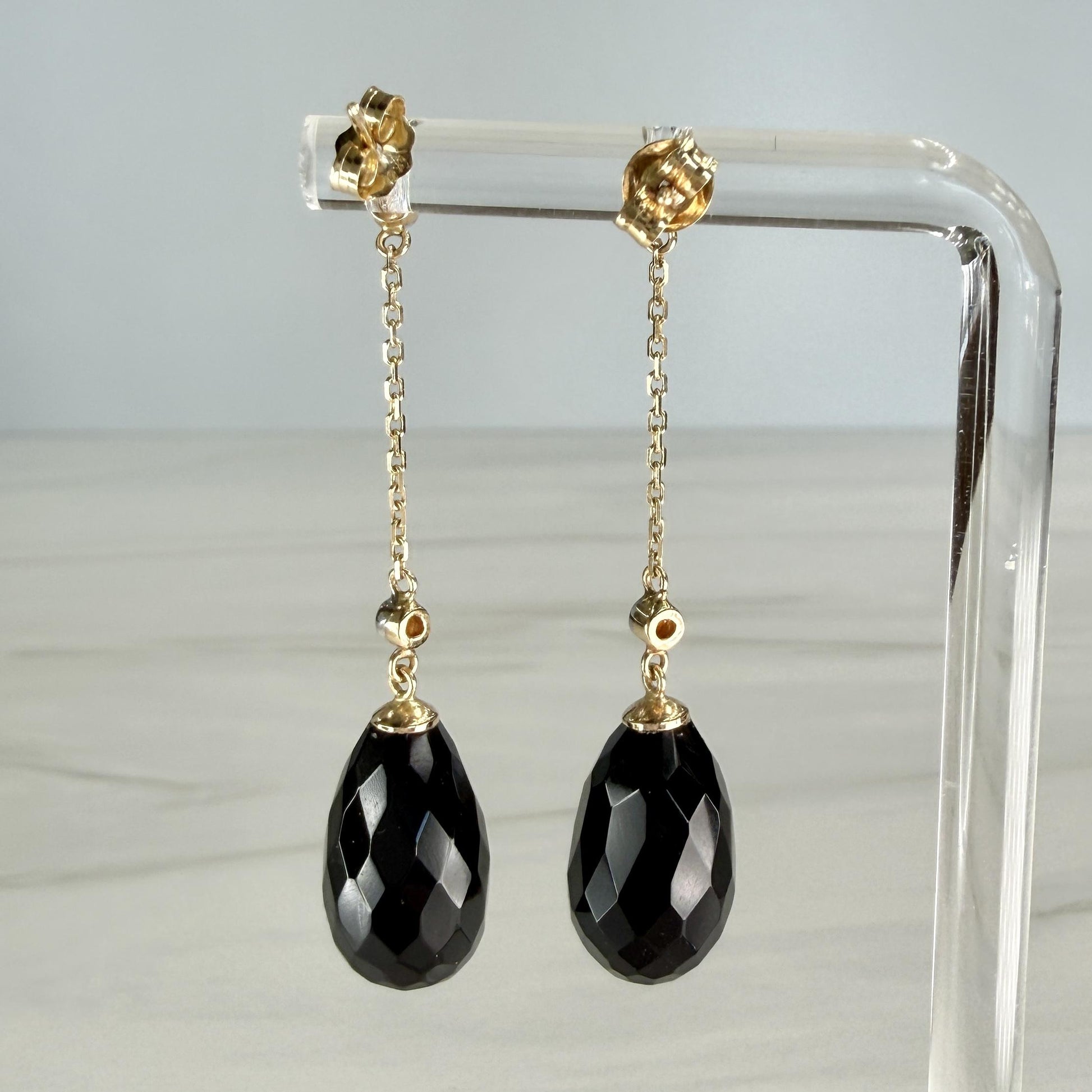 Onyx and Diamond Dangle Drop Earrings 14k
