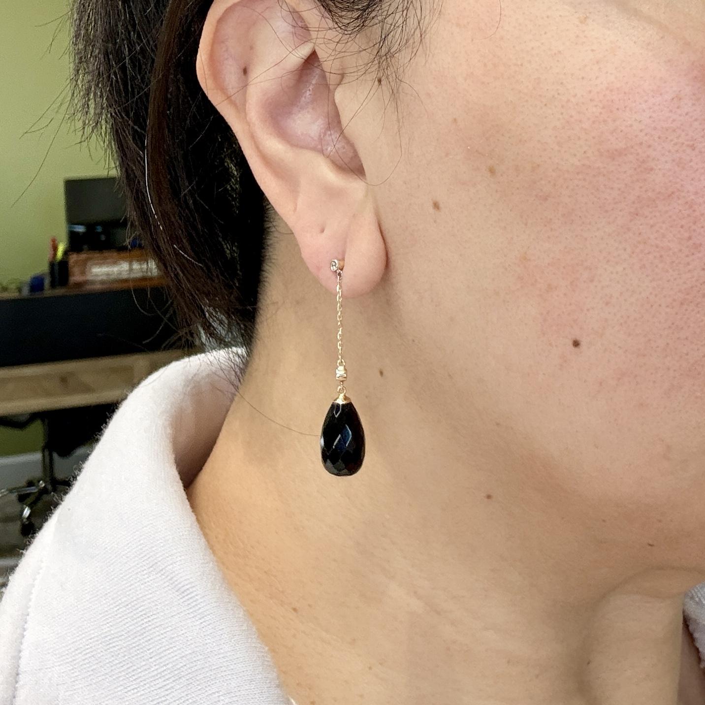 Onyx and Diamond Dangle Drop Earrings 14k