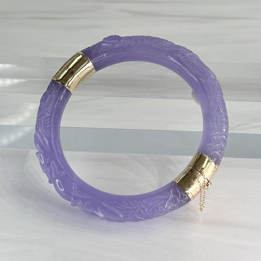 Vintage Carved Lavender Jade Bangle 14k