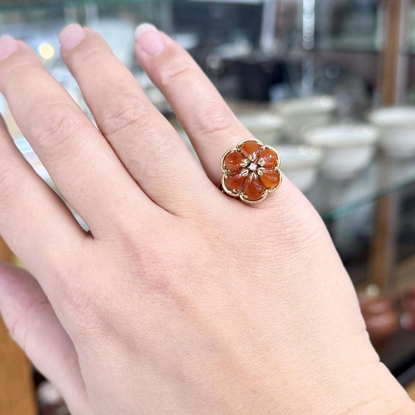 Vintage Red Jade and Diamond Flower Ring 14k