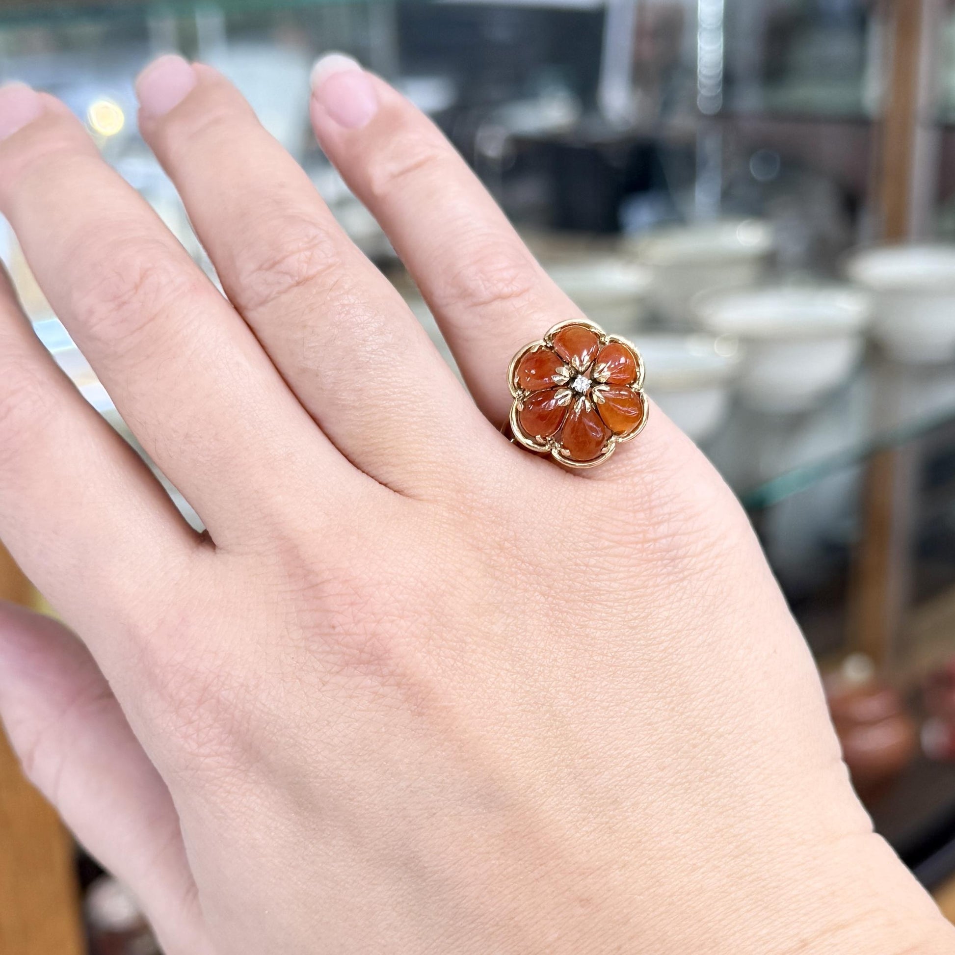 Vintage Red Jade and Diamond Flower Ring 14k