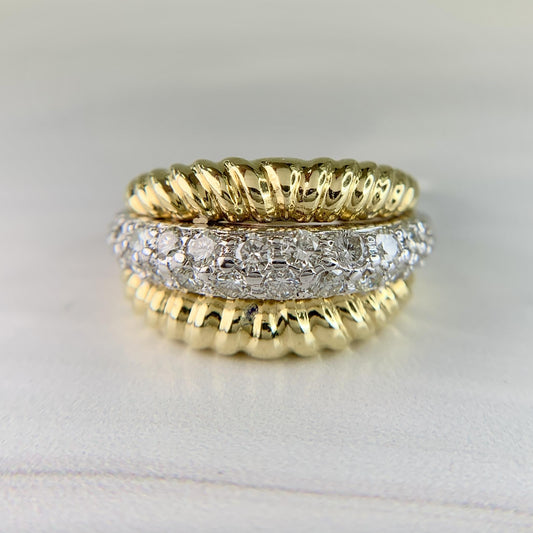 1980's Two Tone Ribbed Diamond Ring 18k