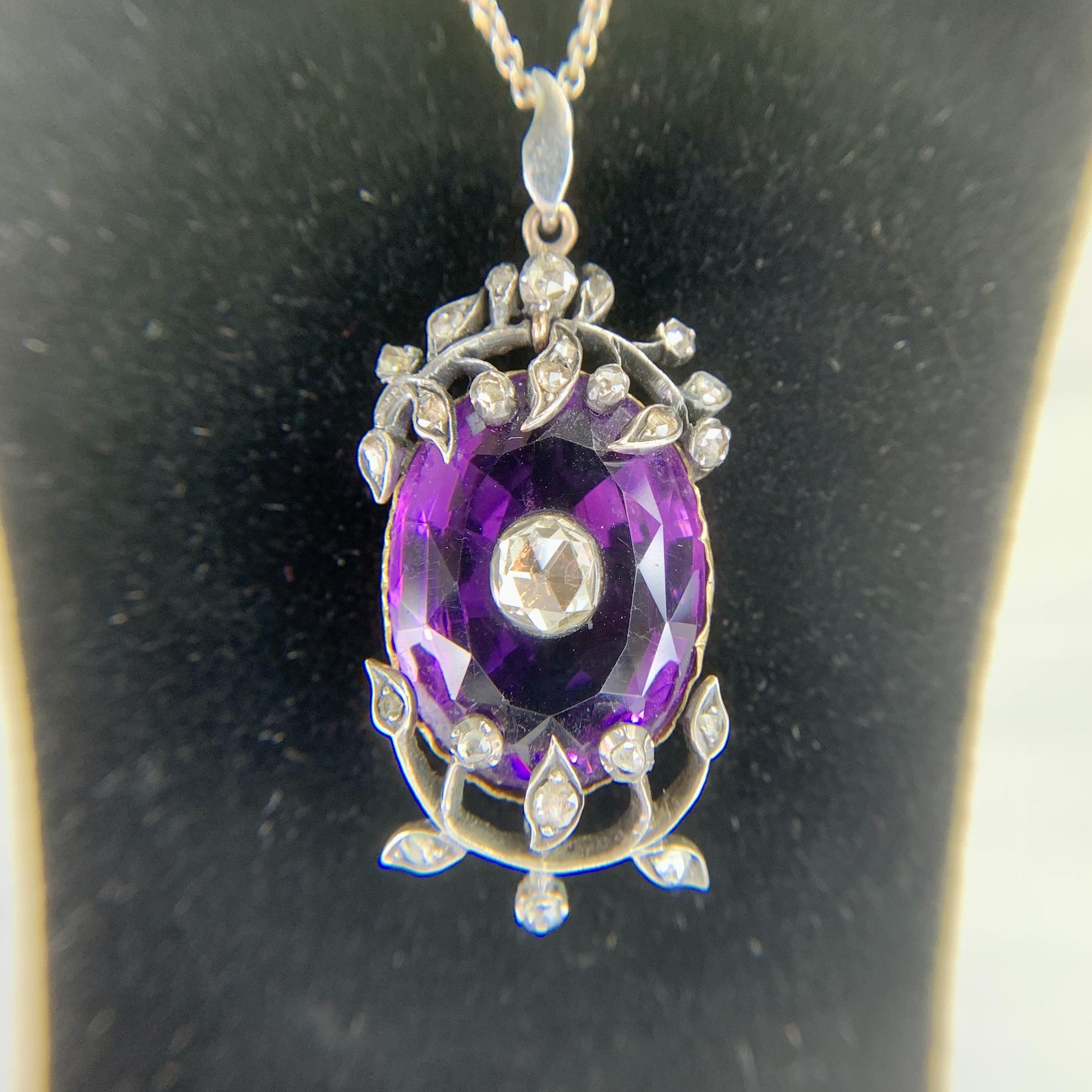 Victorian 1890 Amethyst and Rose Cut Diamond Pendant Necklace 14k/Silver