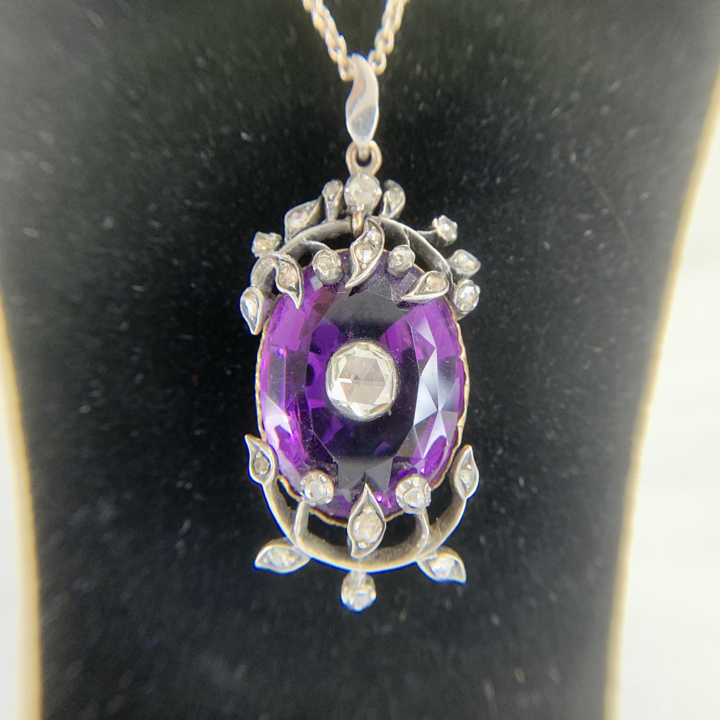 Victorian 1890 Amethyst and Rose Cut Diamond Pendant Necklace 14k/Silver