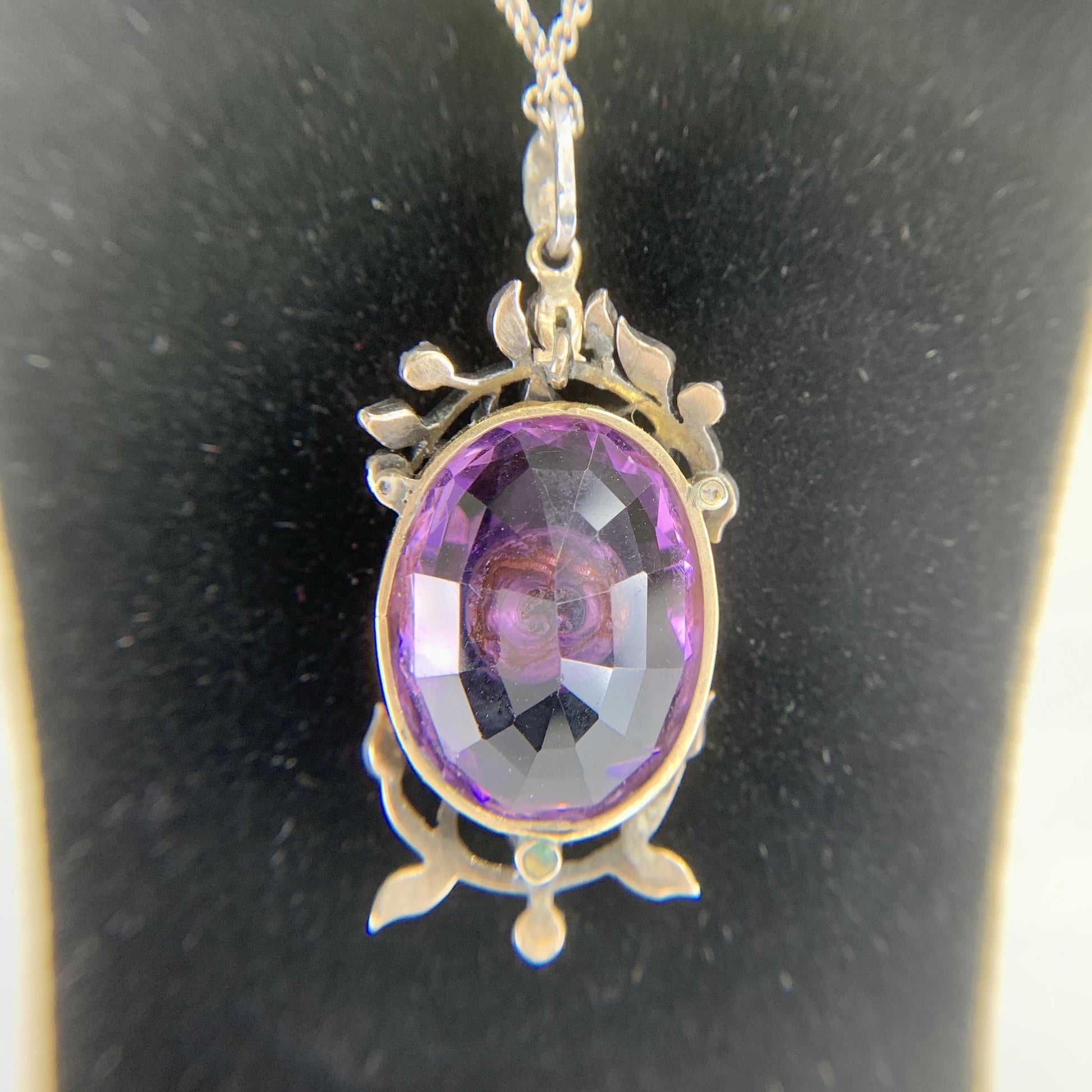 Victorian 1890 Amethyst and Rose Cut Diamond Pendant Necklace 14k/Silver