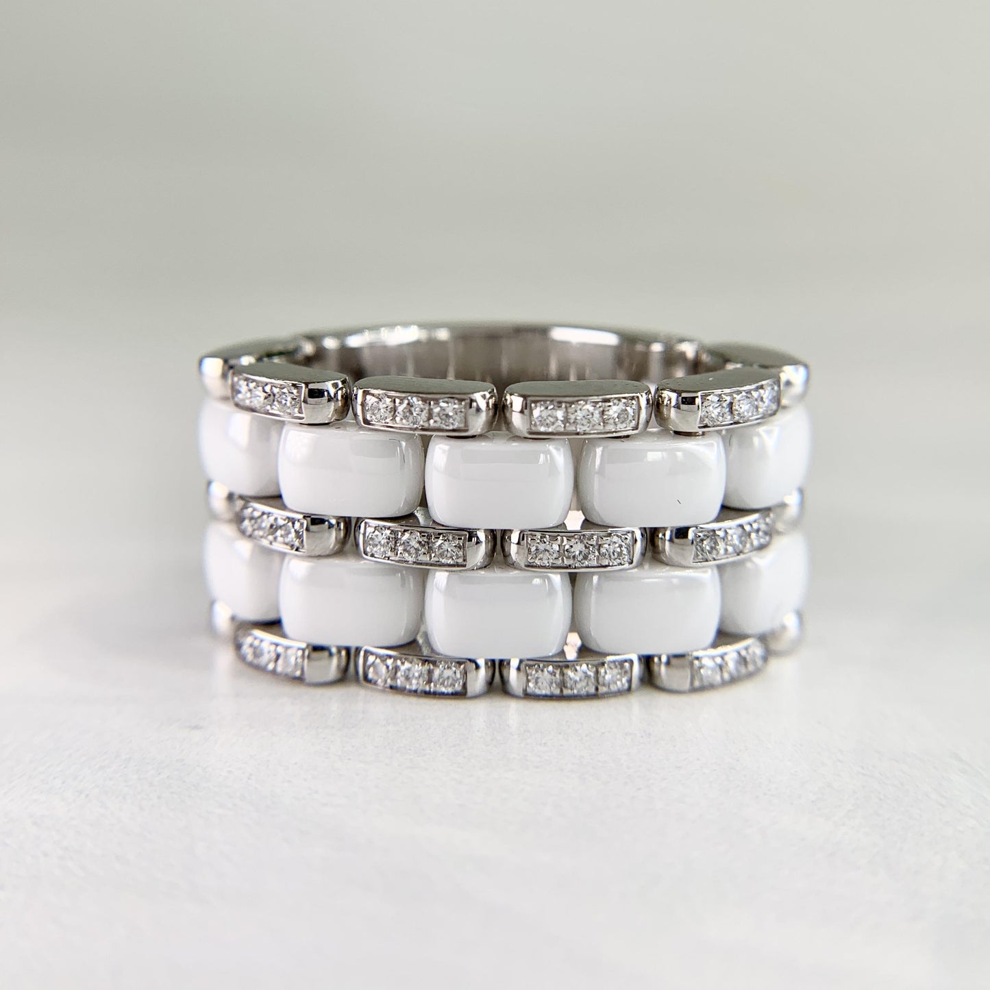 Authentic CHANEL 18k White Gold Diamond Ceramic Wide Band