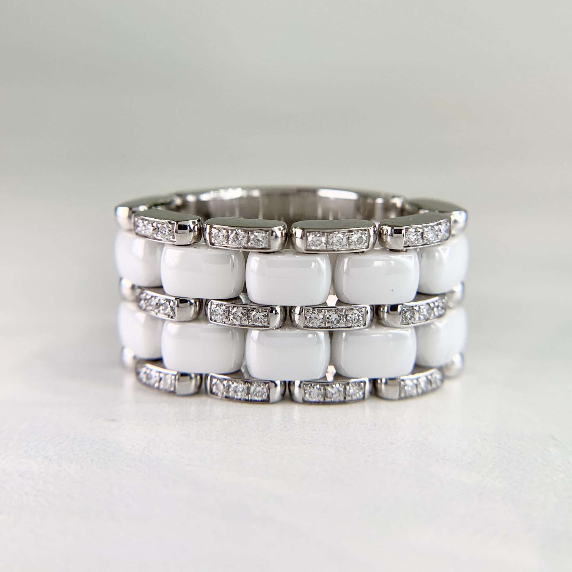 Authentic CHANEL 18k White Gold Diamond Ceramic Wide Band