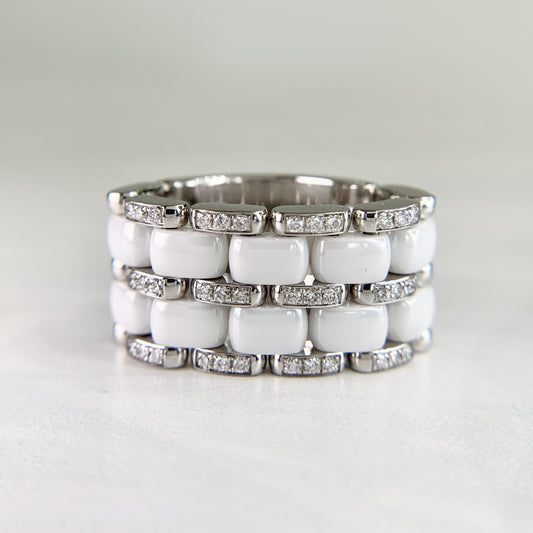 Authentic CHANEL 18k White Gold Diamond Ceramic Wide Band