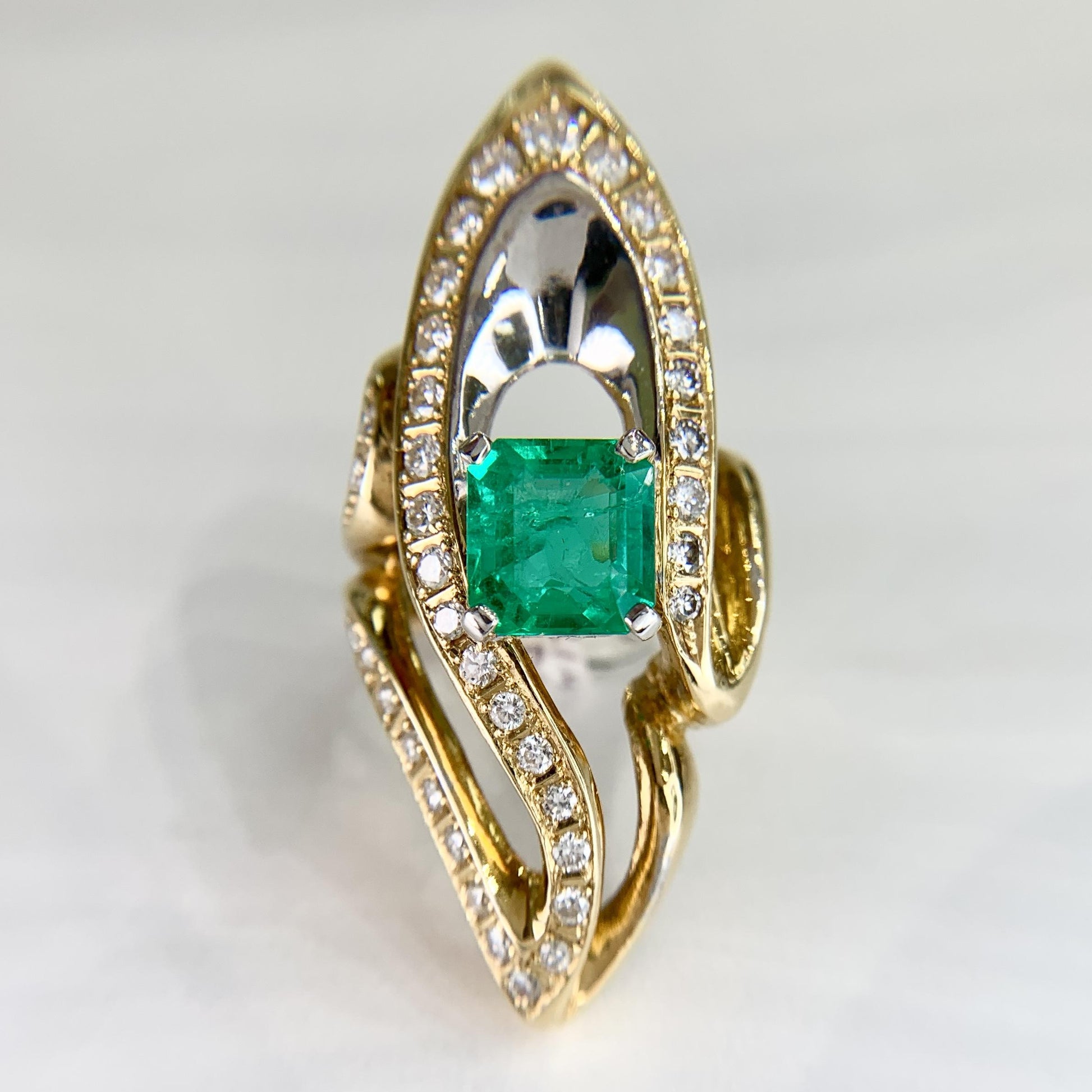 Columbian Emerald and Diamond Two Tone Cocktail Statement Ring 18k