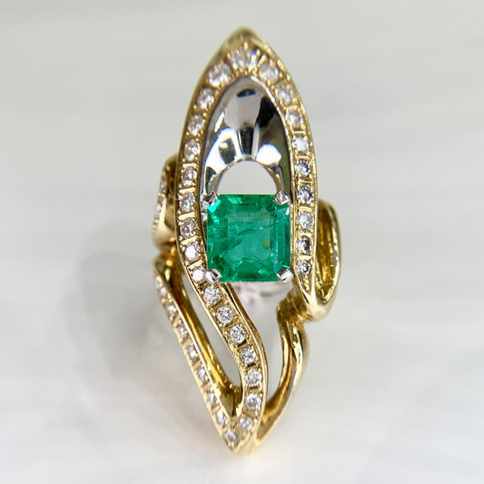 Columbian Emerald and Diamond Two Tone Cocktail Statement Ring 18k
