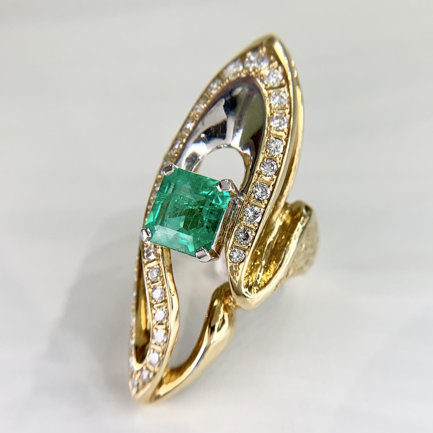 Columbian Emerald and Diamond Two Tone Cocktail Statement Ring 18k