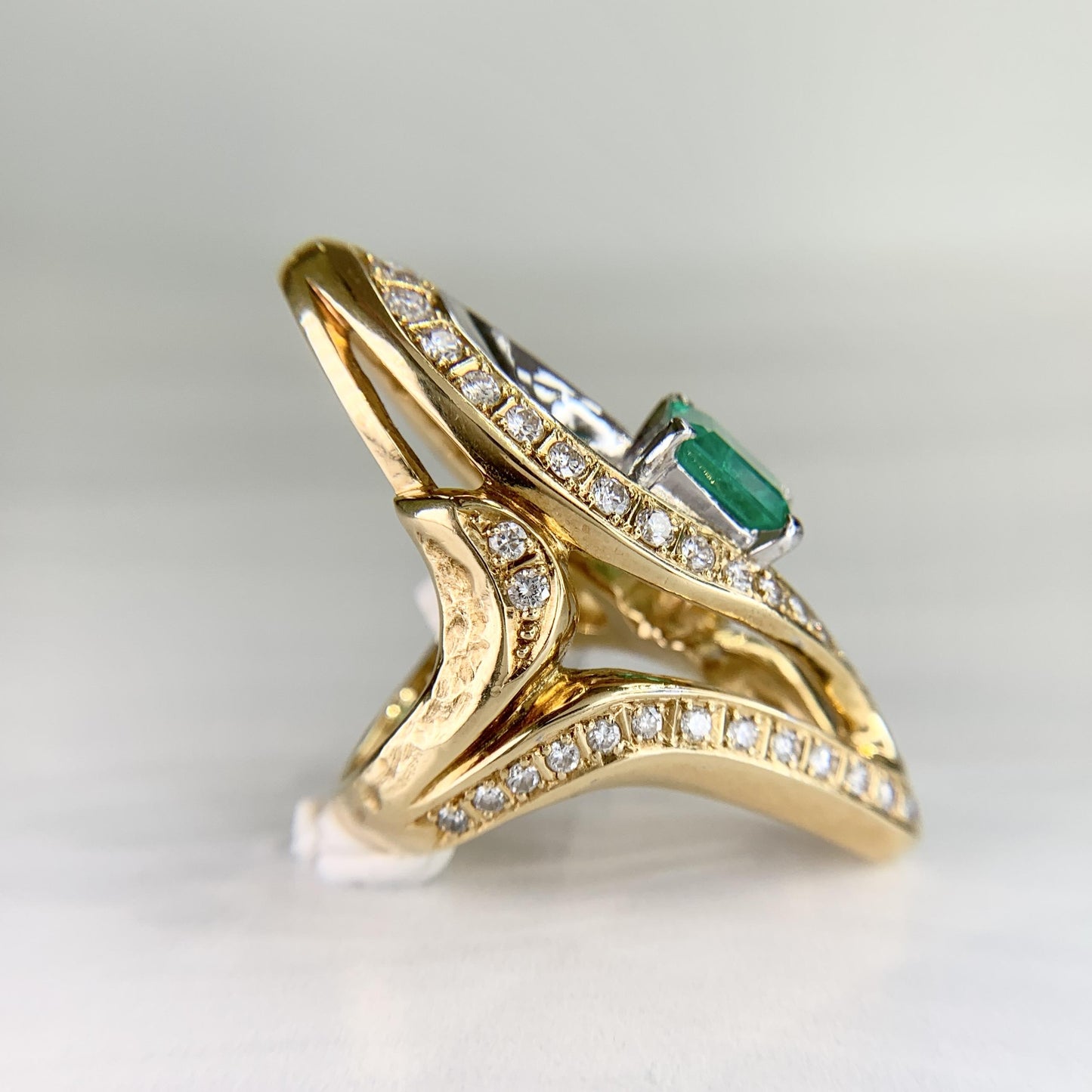 Columbian Emerald and Diamond Two Tone Cocktail Statement Ring 18k