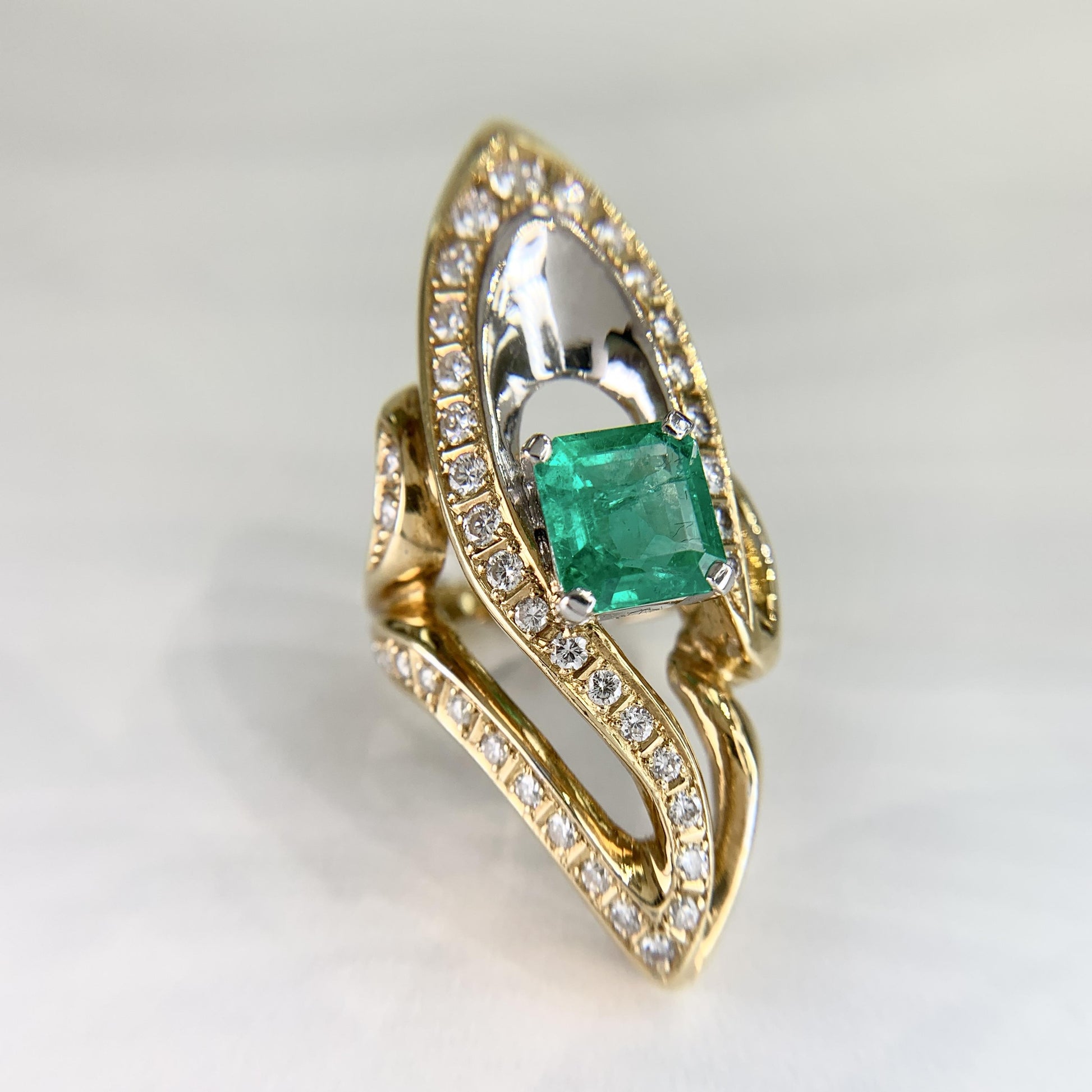 Columbian Emerald and Diamond Two Tone Cocktail Statement Ring 18k