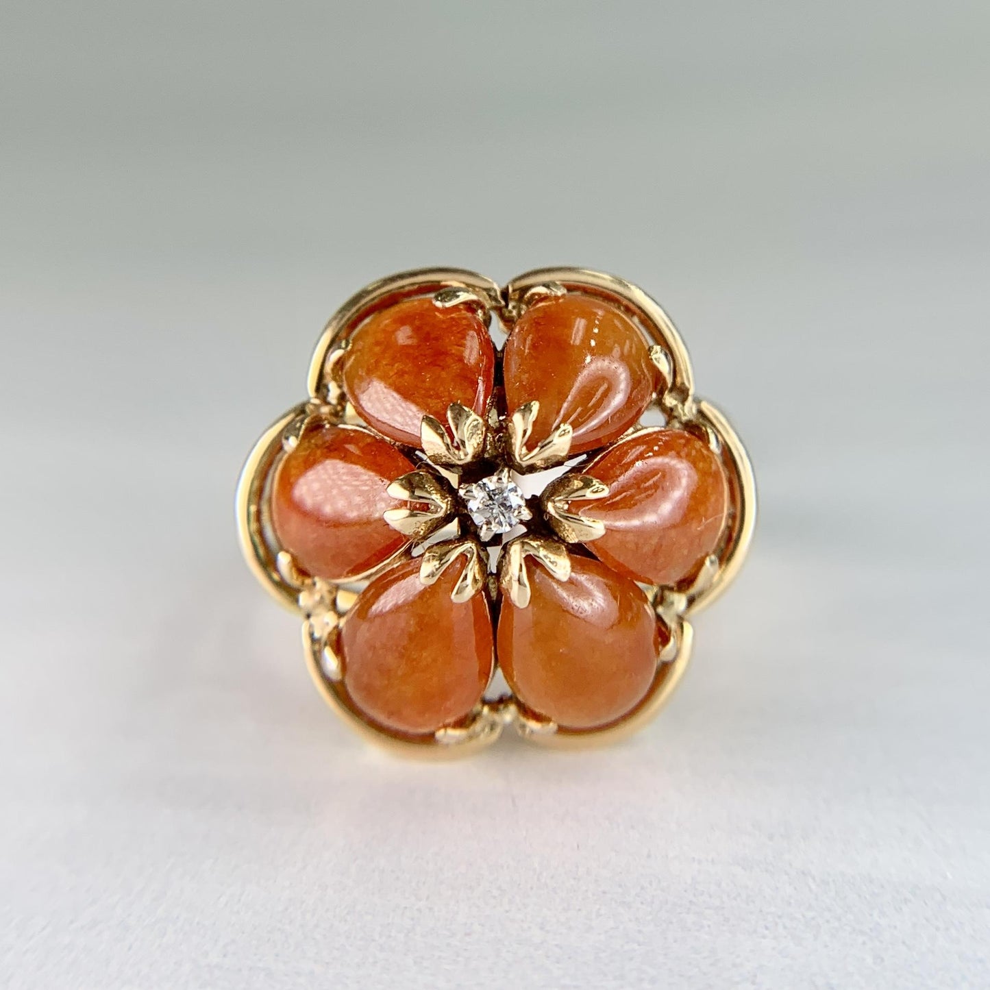 Vintage Red Jade and Diamond Flower Ring 14k