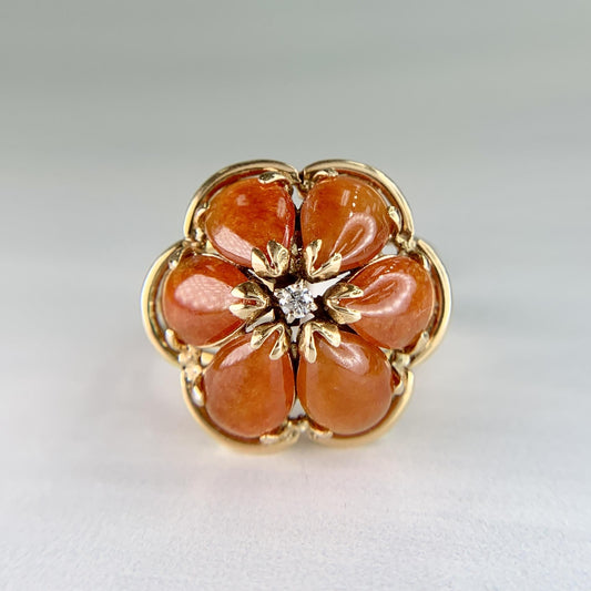 Vintage Red Jade and Diamond Flower Ring 14k