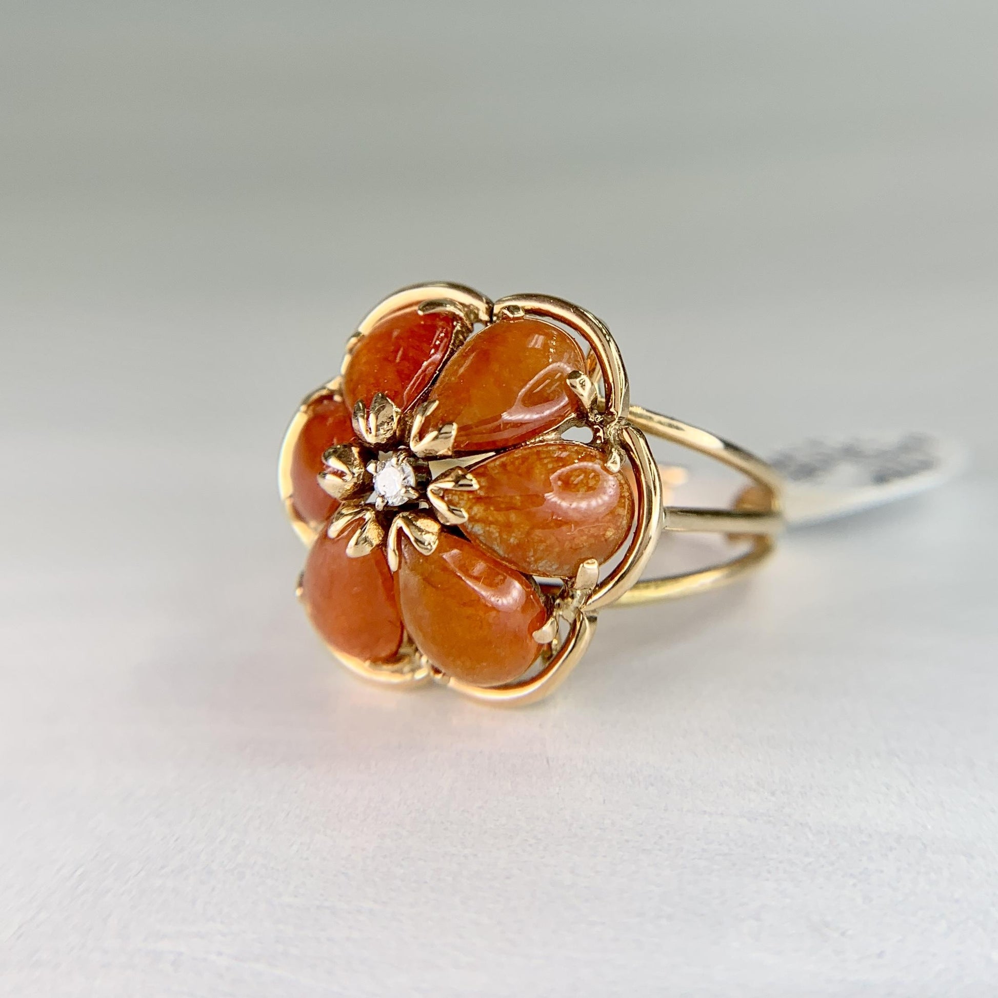 Vintage Red Jade and Diamond Flower Ring 14k