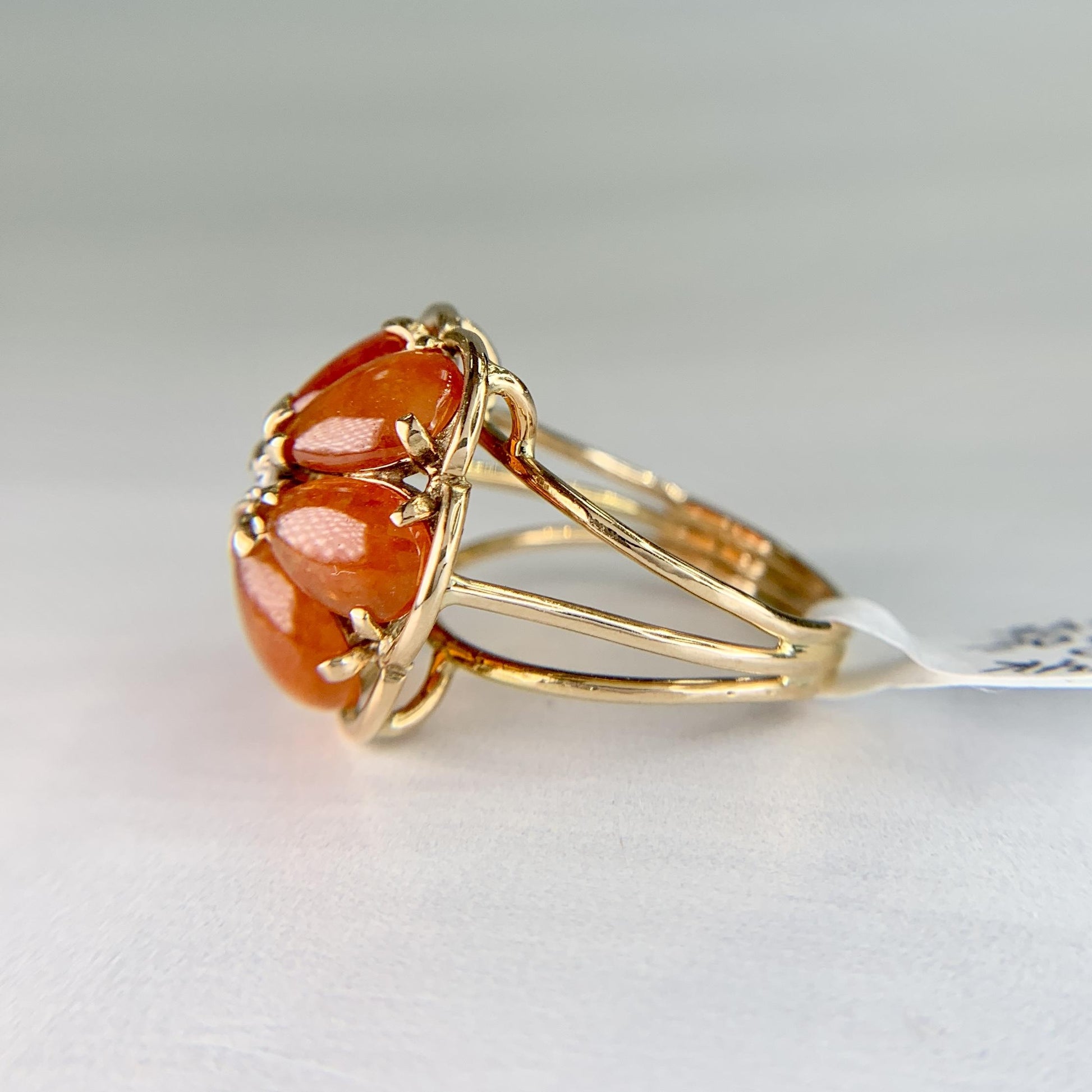 Vintage Red Jade and Diamond Flower Ring 14k