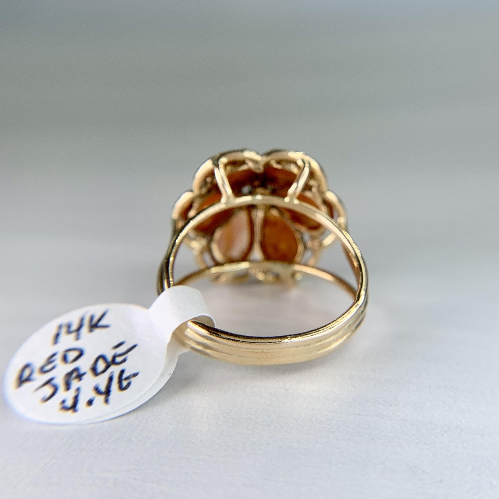 Vintage Red Jade and Diamond Flower Ring 14k