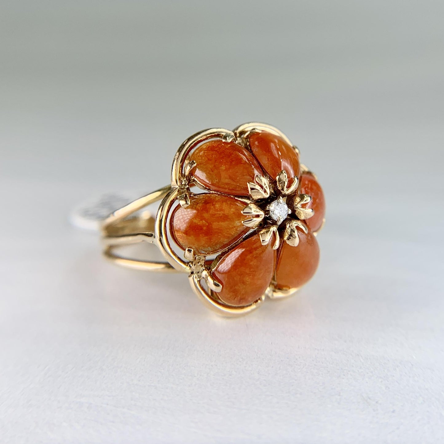 Vintage Red Jade and Diamond Flower Ring 14k