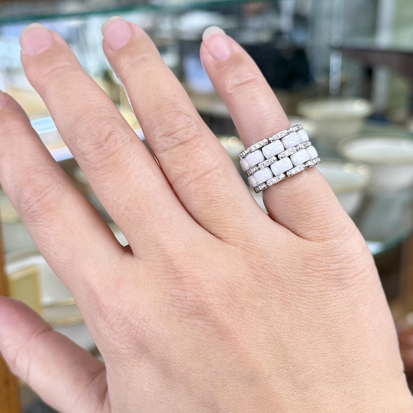 Authentic CHANEL 18k White Gold Diamond Ceramic Wide Band