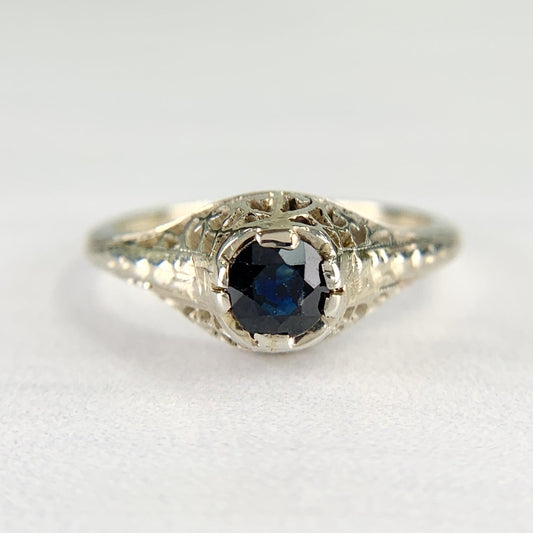 Art Deco 18K White Gold Sapphire Solitaire Filigree Ring