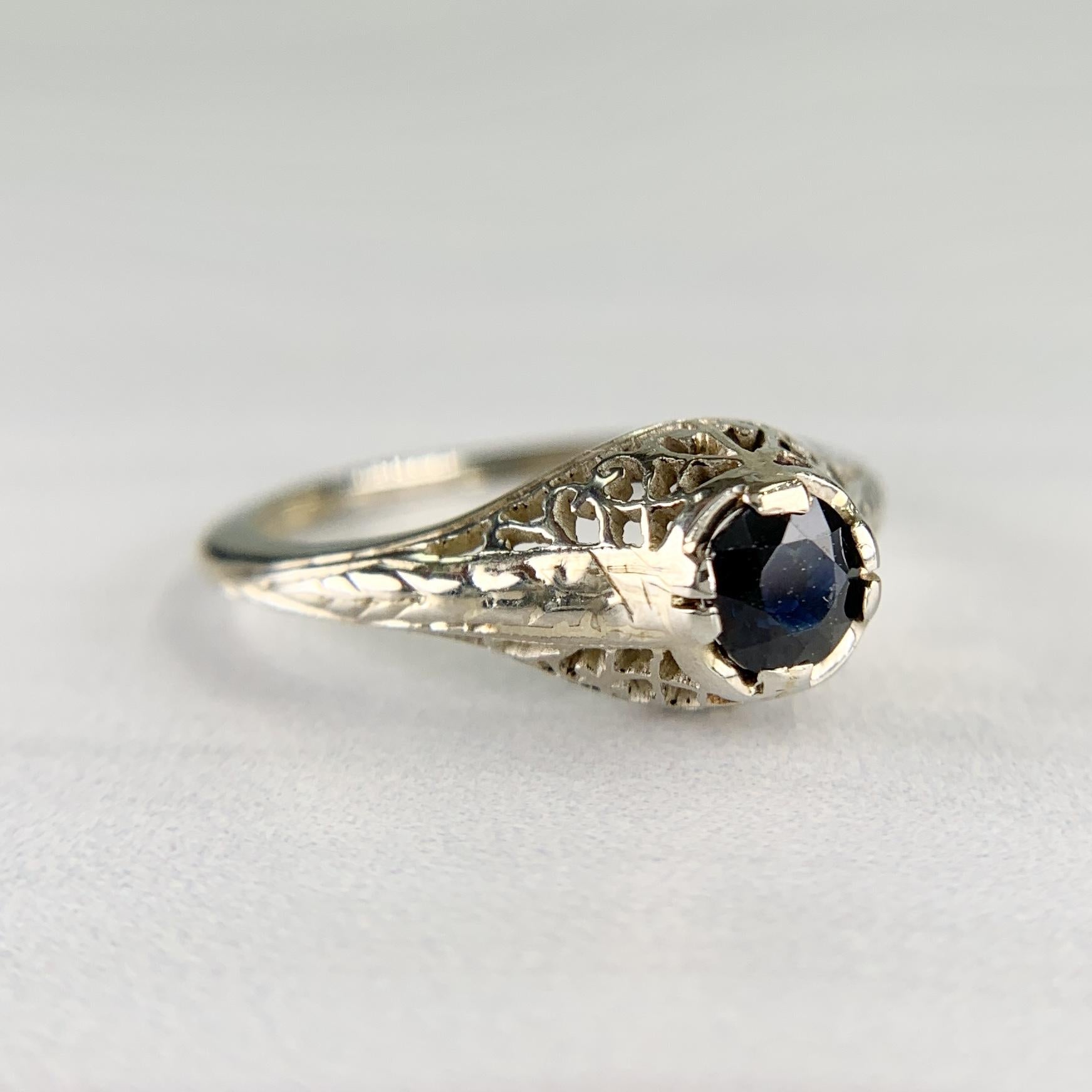 Art Deco 18K White Gold Sapphire Solitaire Filigree Ring