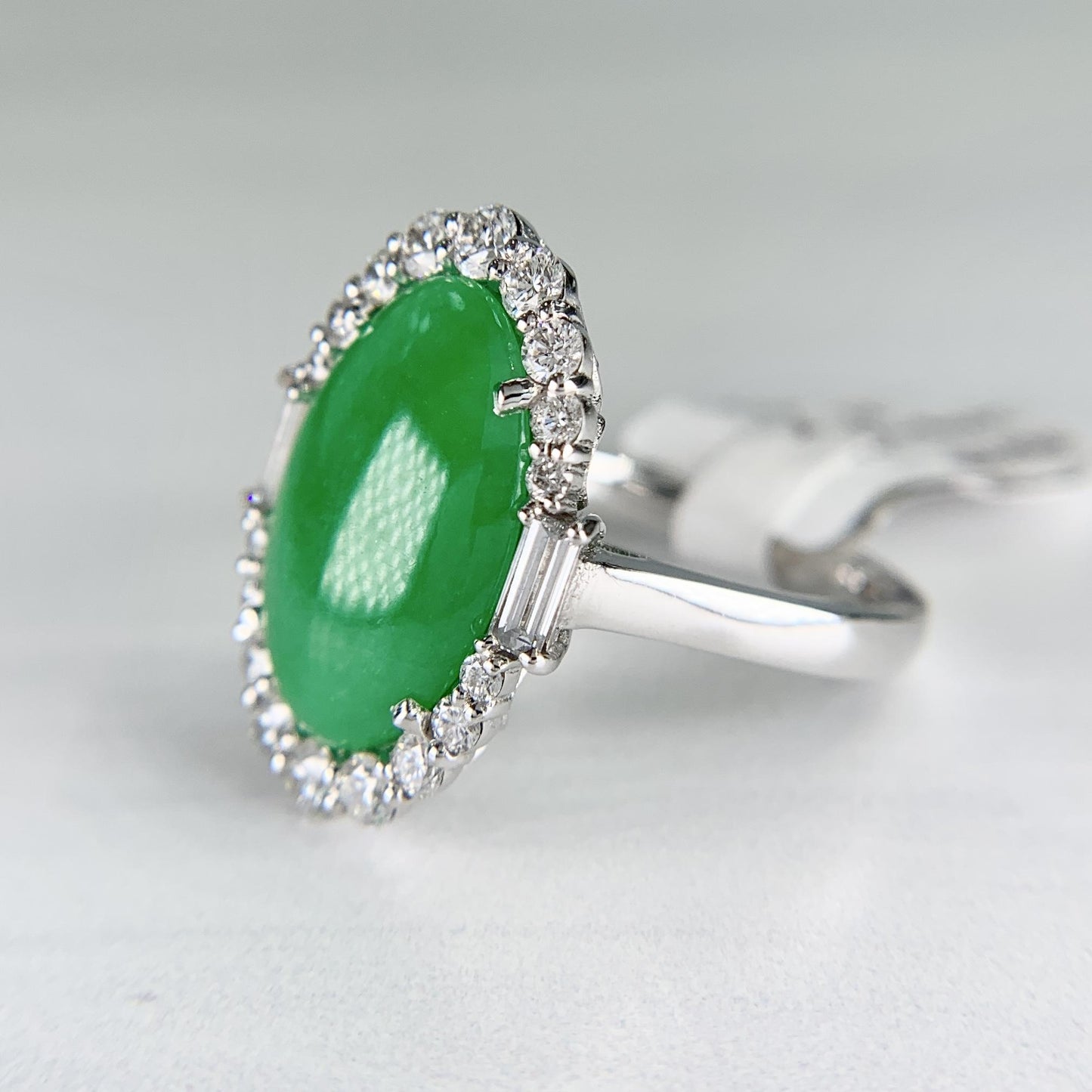GIA Jadeite Jade Diamond Halo 18k White Gold Cocktail Ring