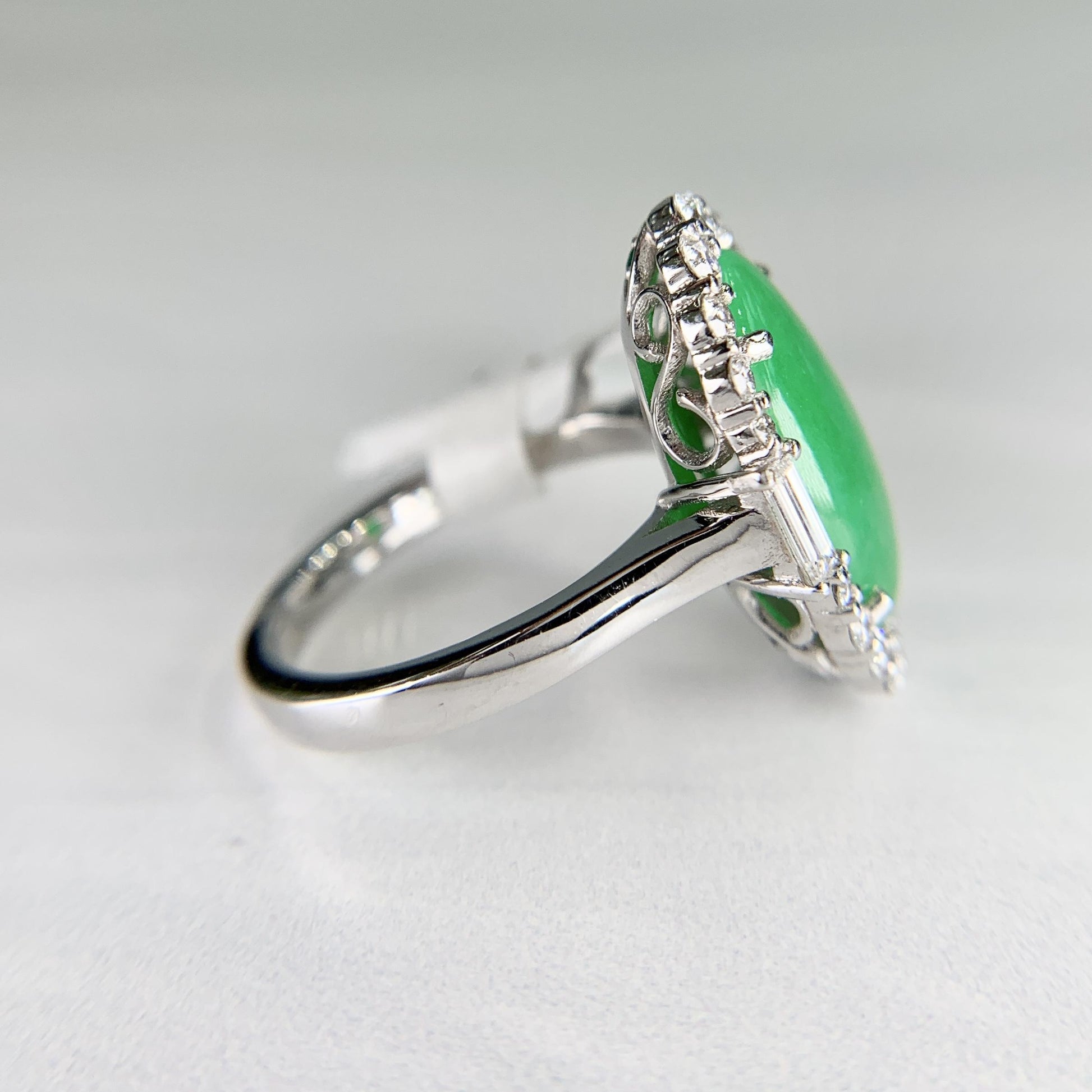 GIA Jadeite Jade Diamond Halo 18k White Gold Cocktail Ring