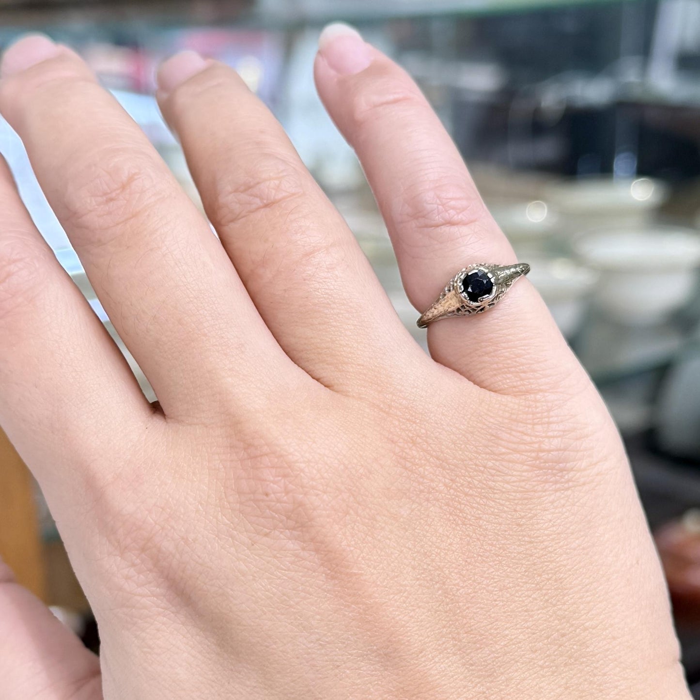 Art Deco 18K White Gold Sapphire Solitaire Filigree Ring