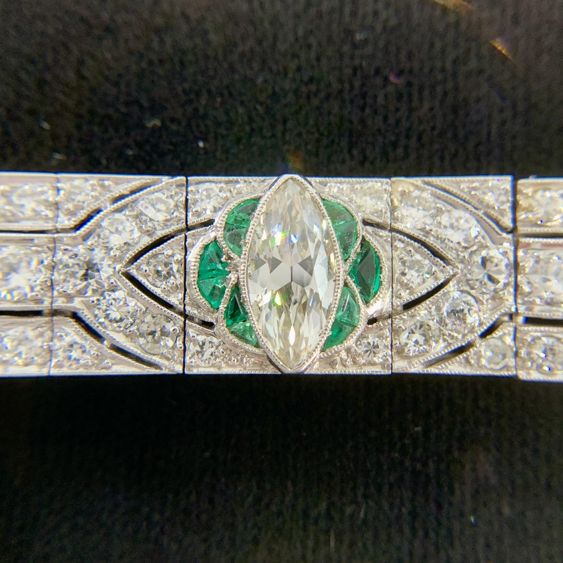 1920's Art Deco Old Cut Diamond and Emerald Bracelet Platinum