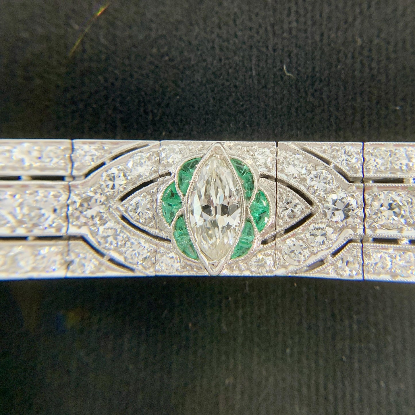 1920's Art Deco Old Cut Diamond and Emerald Bracelet Platinum