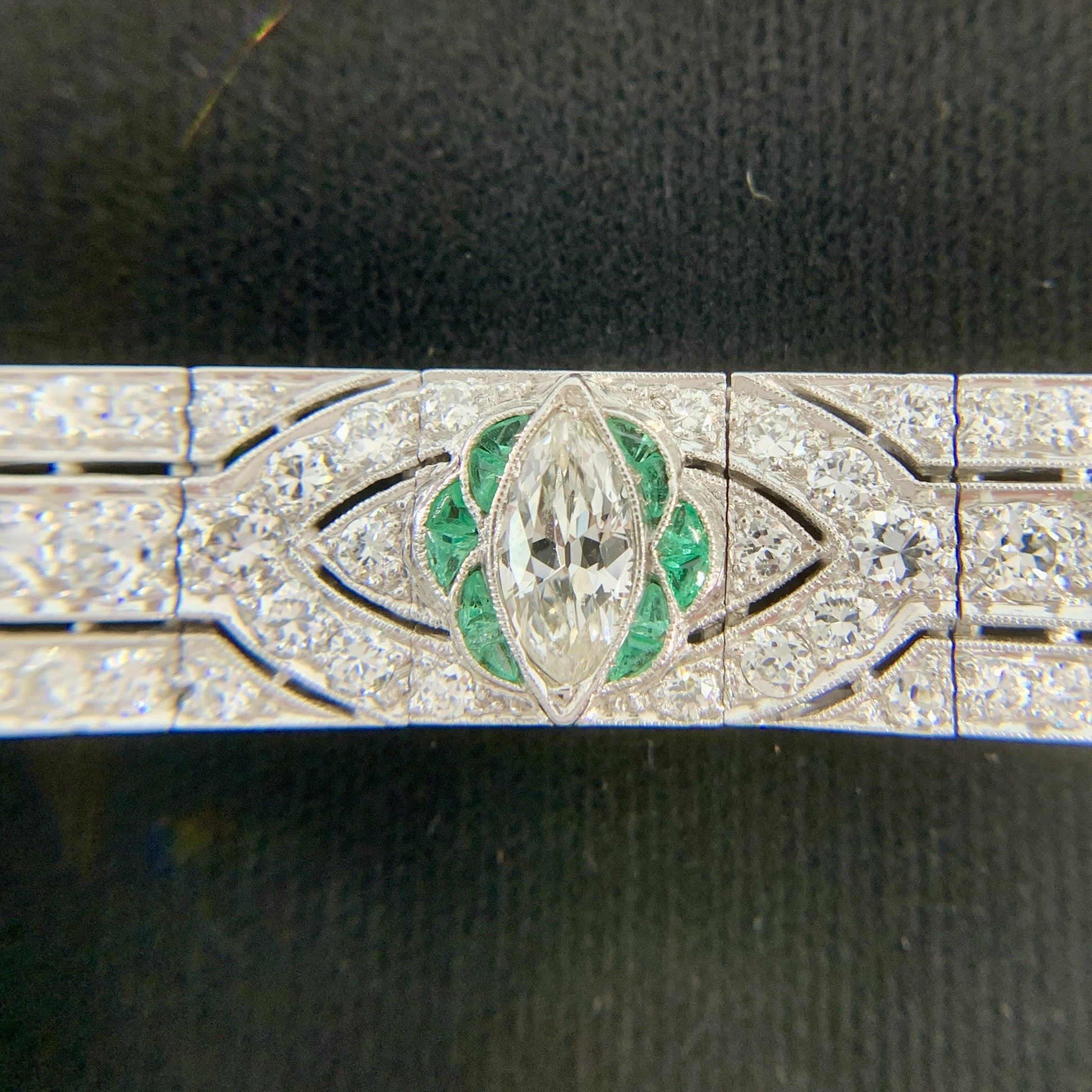 1920's Art Deco Old Cut Diamond and Emerald Bracelet Platinum