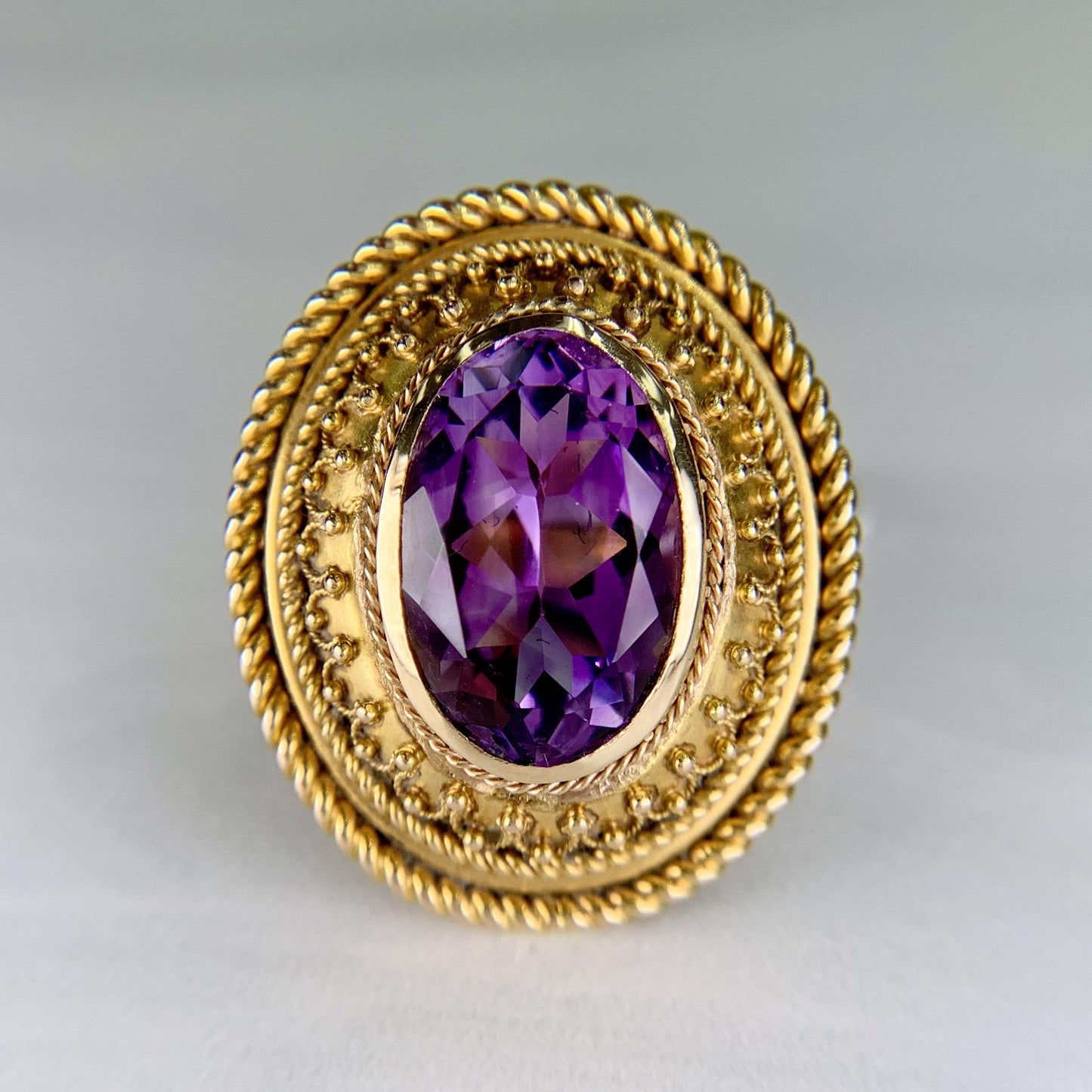 1880s Victorian Etruscan Revival Amethyst Ring 14k